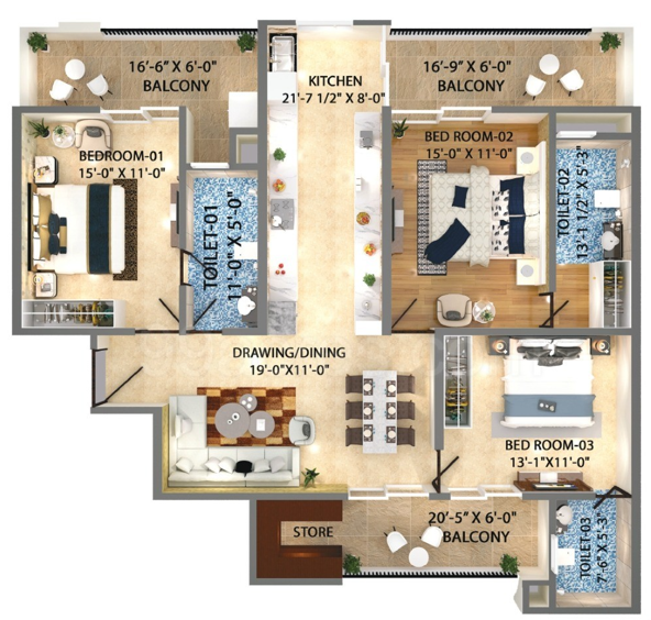 1720 sq. ft. + Car Parking  Trishla City Guide 3bhk