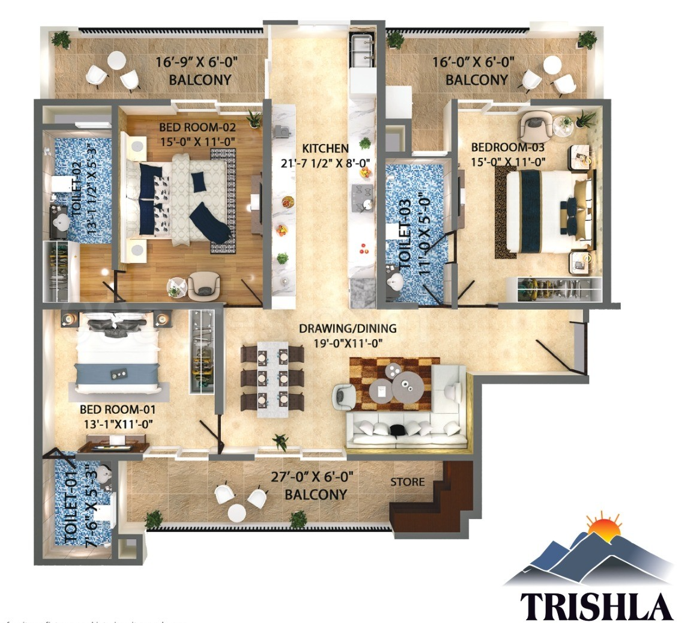 1780 sq. ft. + Car Parking Trishla City Guide 3bhk