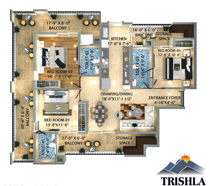 1827 sq. ft. + Car Parking Trishla City Guide 3bhk