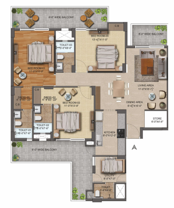 2D Layout - 3 BHK+ Utility