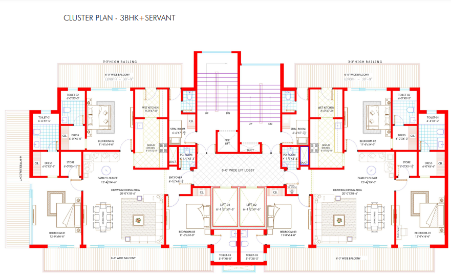 3-bhk servant room cluster plan