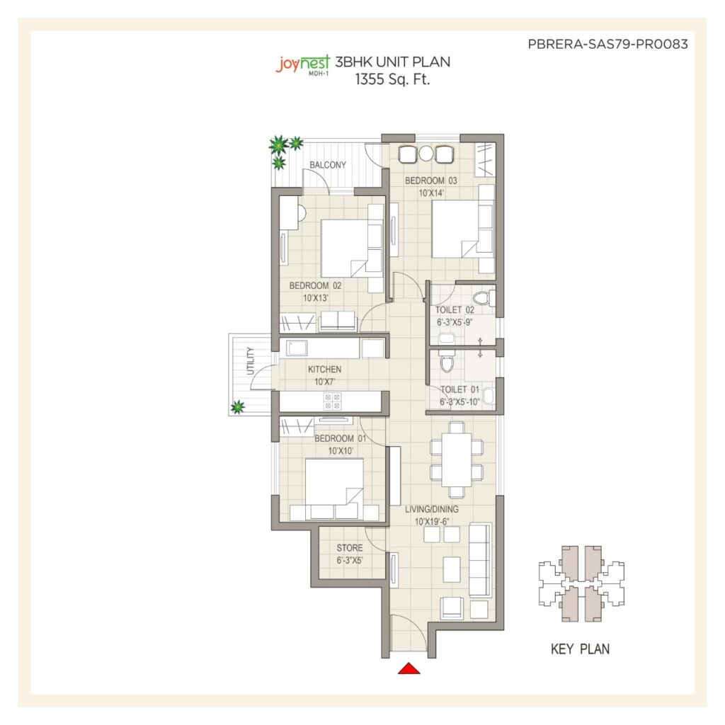 3-BHK Floor Plan: Sushma Joynest Mohali