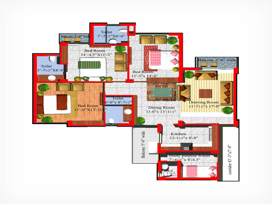 layout of 3+1-BHK Apartments Shivalik Heights
