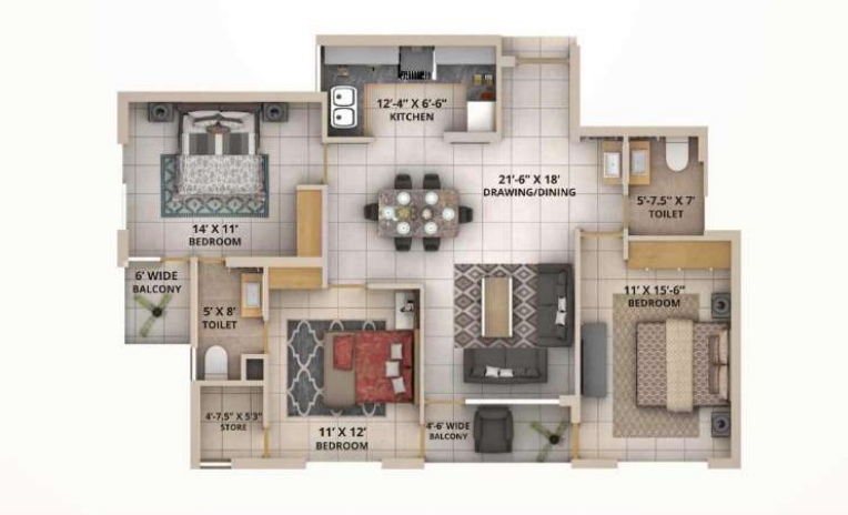 Aura Avenue- 3 BHK Floor Plan