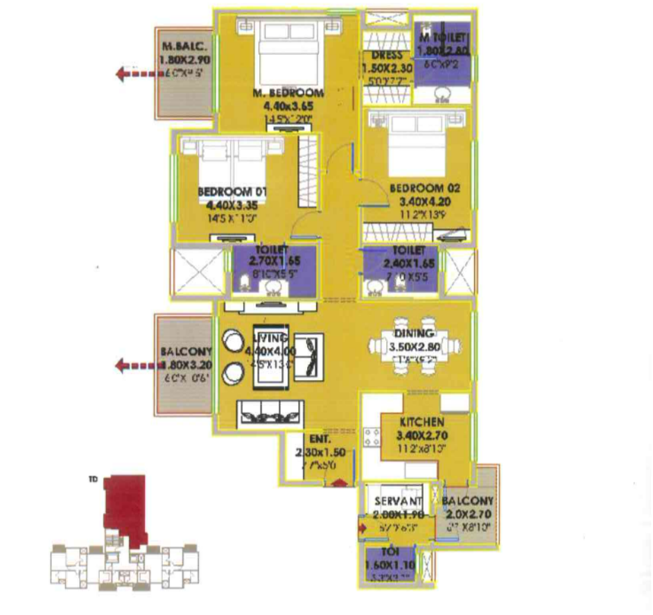 Floor Plan- Acme Eden and Emerald Court 3 BHK + Servant Room